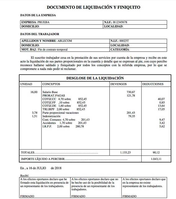 documento de liquidación y finiquito
